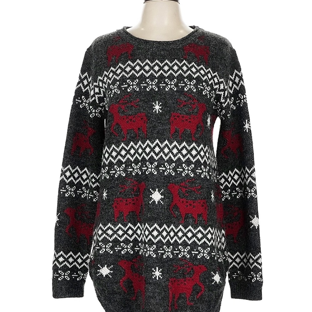 Festive Reindeer Pattern Sweater - Charcoal and Crimson